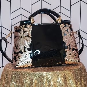 Vintage black patent leather bag with gold sequin details